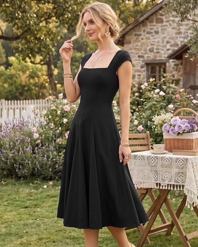 OXP Women's 2026 Summer Elegant Square Neck Cap Sleeve Midi Cocktail Semi Formal Dress for Wedding Guest Evening Party in Kuwait