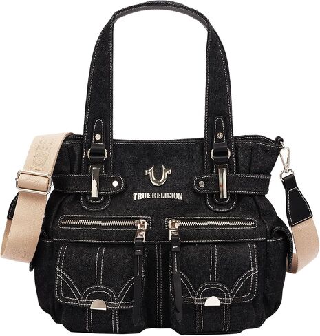 True Religion Multi Pocket Denim Cinch Tote Bag for Women | Structured Denim Tote with Horseshoe Flap Pockets | Magnetic Closure and Adjustable Strap in Kuwait
