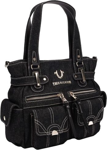 True Religion Multi Pocket Denim Cinch Tote Bag for Women | Structured Denim Tote with Horseshoe Flap Pockets | Magnetic Closure and Adjustable Strap in Kuwait