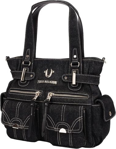 True Religion Multi Pocket Denim Cinch Tote Bag for Women | Structured Denim Tote with Horseshoe Flap Pockets | Magnetic Closure and Adjustable Strap in Kuwait