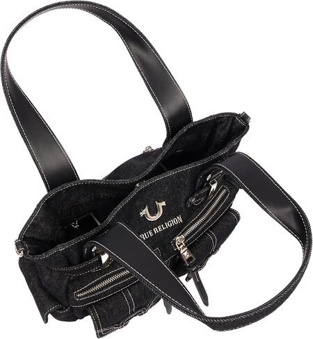 True Religion Multi Pocket Denim Cinch Tote Bag for Women | Structured Denim Tote with Horseshoe Flap Pockets | Magnetic Closure and Adjustable Strap in Kuwait