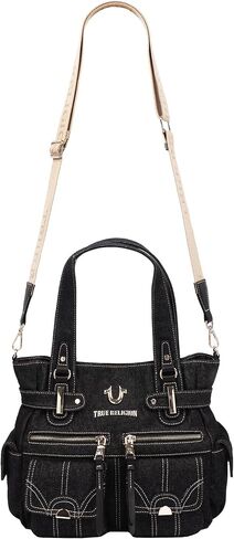True Religion Multi Pocket Denim Cinch Tote Bag for Women | Structured Denim Tote with Horseshoe Flap Pockets | Magnetic Closure and Adjustable Strap in Kuwait