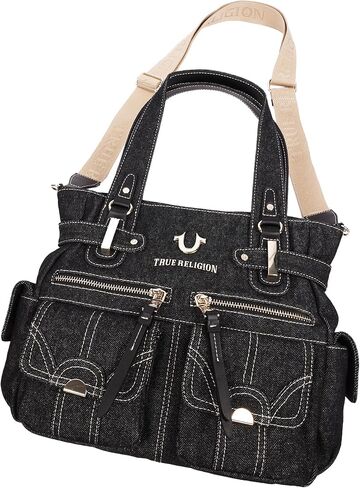 True Religion Multi Pocket Denim Cinch Tote Bag for Women | Structured Denim Tote with Horseshoe Flap Pockets | Magnetic Closure and Adjustable Strap in Kuwait