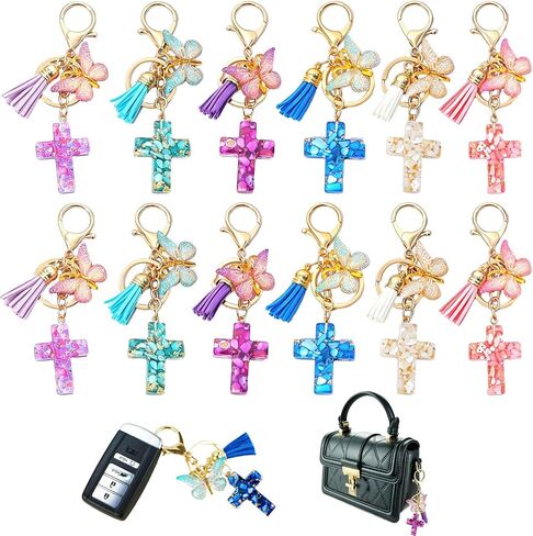 12 Packs Cross Keychains Christian Keyring Tassels Butterfly Plush Resin Jesus Key Chain Bag Charm Phone Car Key Accessories(6 colours) in Saudi Arabia