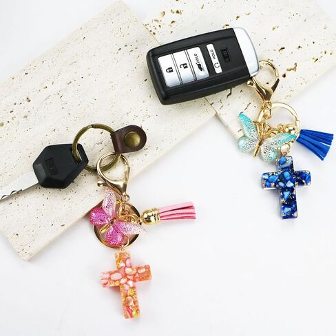 12 Packs Cross Keychains Christian Keyring Tassels Butterfly Plush Resin Jesus Key Chain Bag Charm Phone Car Key Accessories(6 colours) in Saudi Arabia