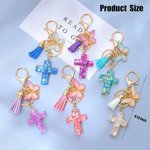 12 Packs Cross Keychains Christian Keyring Tassels Butterfly Plush Resin Jesus Key Chain Bag Charm Phone Car Key Accessories(6 colours) in Saudi Arabia