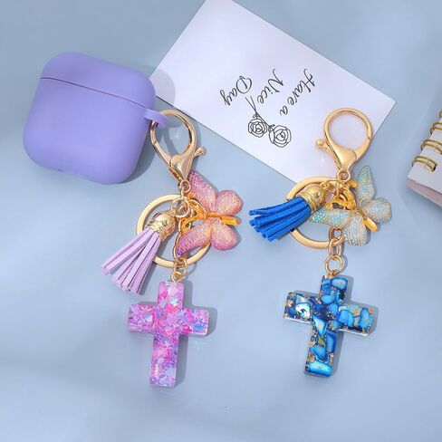 12 Packs Cross Keychains Christian Keyring Tassels Butterfly Plush Resin Jesus Key Chain Bag Charm Phone Car Key Accessories(6 colours) in Saudi Arabia