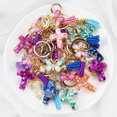 12 Packs Cross Keychains Christian Keyring Tassels Butterfly Plush Resin Jesus Key Chain Bag Charm Phone Car Key Accessories(6 colours) in Saudi Arabia