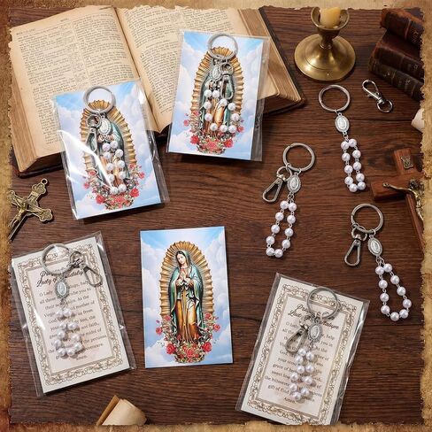 Nosiny 12 Sets Virgin of Guadalupe Gifts Guadalupe Keychain with Rosary Beads with Catholic Prayer Cards Fathers Day Gift First Communion Gift Baptism Party Favors for Guests in Kuwait