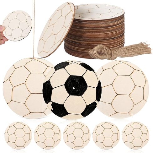 GLEAVI Soccer Ball Cutouts, 30 Pcs 3. 9 in Unfinished Wooden Soccer Ornaments with Twine, Blank Wood Slices for DIY Sports Crafts, Paint Your Own Tournament Viewing Event Decorations in Kuwait