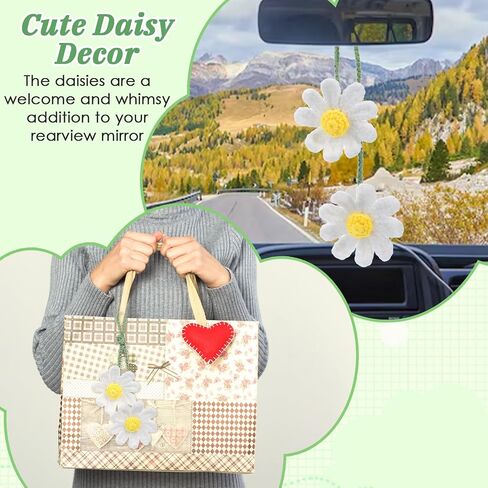 Crochet Daisy Rear View Mirror Accessories, Girly Car accessories for Women, Handmade Daisy Pendant Ornament for Car Hanging Charms, Bag Charms (White) in Saudi Arabia