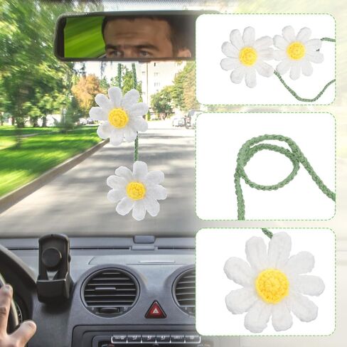 Crochet Daisy Rear View Mirror Accessories, Girly Car accessories for Women, Handmade Daisy Pendant Ornament for Car Hanging Charms, Bag Charms (White) in Saudi Arabia