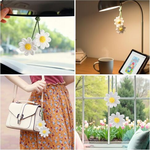 Crochet Daisy Rear View Mirror Accessories, Girly Car accessories for Women, Handmade Daisy Pendant Ornament for Car Hanging Charms, Bag Charms (White) in Saudi Arabia