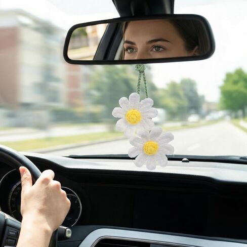 Crochet Daisy Rear View Mirror Accessories, Girly Car accessories for Women, Handmade Daisy Pendant Ornament for Car Hanging Charms, Bag Charms (White) in Saudi Arabia
