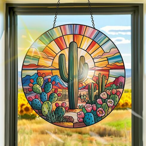 Colorful Acrylic Cactus Suncatcher, Sun Catchers Indoor Window Hanging Decoration, Rainbow Maker Wall Art, Living Room Bedroom Balcony Outdoor Garden Ornaments Decor 7.8x7.8 Inch-15 in Kuwait