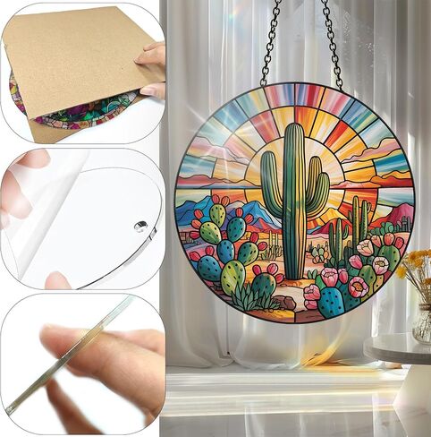 Colorful Acrylic Cactus Suncatcher, Sun Catchers Indoor Window Hanging Decoration, Rainbow Maker Wall Art, Living Room Bedroom Balcony Outdoor Garden Ornaments Decor 7.8x7.8 Inch-15 in Kuwait