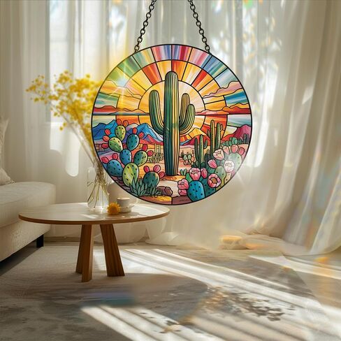 Colorful Acrylic Cactus Suncatcher, Sun Catchers Indoor Window Hanging Decoration, Rainbow Maker Wall Art, Living Room Bedroom Balcony Outdoor Garden Ornaments Decor 7.8x7.8 Inch-15 in Kuwait
