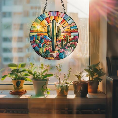 Colorful Acrylic Cactus Suncatcher, Sun Catchers Indoor Window Hanging Decoration, Rainbow Maker Wall Art, Living Room Bedroom Balcony Outdoor Garden Ornaments Decor 7.8x7.8 Inch-15 in Kuwait