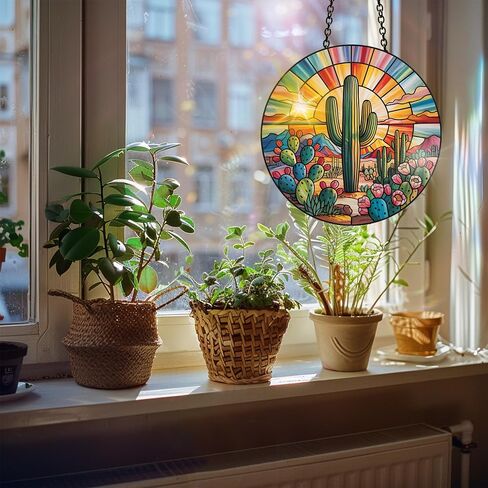 Colorful Acrylic Cactus Suncatcher, Sun Catchers Indoor Window Hanging Decoration, Rainbow Maker Wall Art, Living Room Bedroom Balcony Outdoor Garden Ornaments Decor 7.8x7.8 Inch-15 in Kuwait