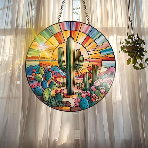 Colorful Acrylic Cactus Suncatcher, Sun Catchers Indoor Window Hanging Decoration, Rainbow Maker Wall Art, Living Room Bedroom Balcony Outdoor Garden Ornaments Decor 7.8x7.8 Inch-15 in Kuwait