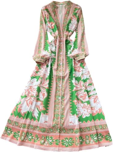 Women's Vintage Print Long Dress Luxury Lantern Sleeve V Neck Single Breasted Court Style Large Swing Gown in Kuwait