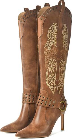 JANSEVEN Western Boots for Women Knee High Cowboy Boots with Embroidered Cowgirl Boot Stiletto High Heel Boot Pointed Toe Side Zipper 3.5 Inches Fashion Boots Size 7.5 in Saudi Arabia