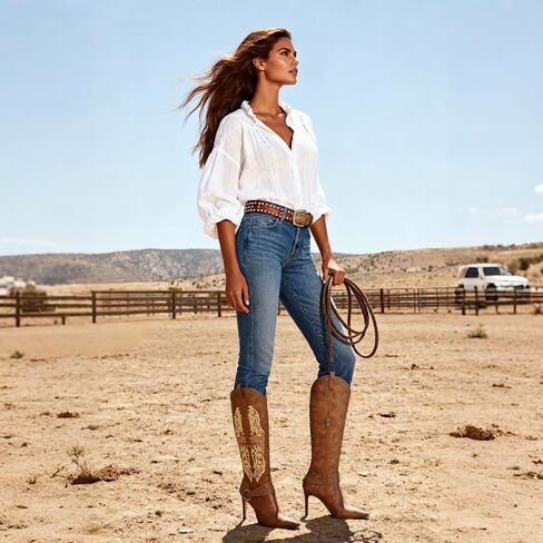 JANSEVEN Western Boots for Women Knee High Cowboy Boots with Embroidered Cowgirl Boot Stiletto High Heel Boot Pointed Toe Side Zipper 3.5 Inches Fashion Boots Size 7.5 in Saudi Arabia