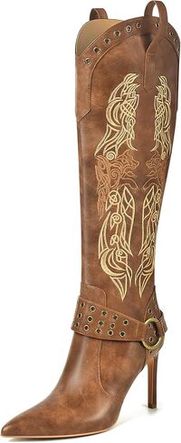 JANSEVEN Western Boots for Women Knee High Cowboy Boots with Embroidered Cowgirl Boot Stiletto High Heel Boot Pointed Toe Side Zipper 3.5 Inches Fashion Boots Size 7.5 in Saudi Arabia