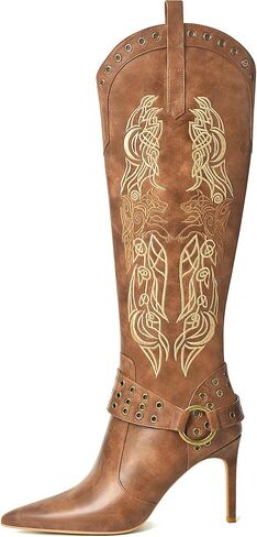 JANSEVEN Western Boots for Women Knee High Cowboy Boots with Embroidered Cowgirl Boot Stiletto High Heel Boot Pointed Toe Side Zipper 3.5 Inches Fashion Boots Size 7.5 in Saudi Arabia