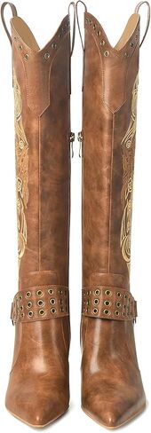 JANSEVEN Western Boots for Women Knee High Cowboy Boots with Embroidered Cowgirl Boot Stiletto High Heel Boot Pointed Toe Side Zipper 3.5 Inches Fashion Boots Size 7.5 in Saudi Arabia