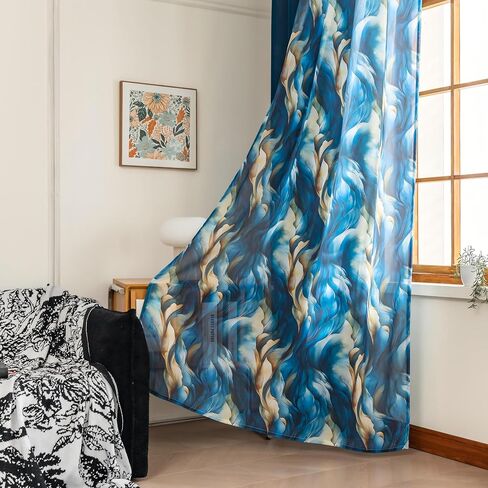 Mix Curtains - 2 Pieces Ocean Print Sheer Curtains and 2 Pieces Velvet Blackout Curtains for Bedroom Living Room Grommet Window Drapes, 52x84 Inch,Blue,Set of 4 Panels in Saudi Arabia
