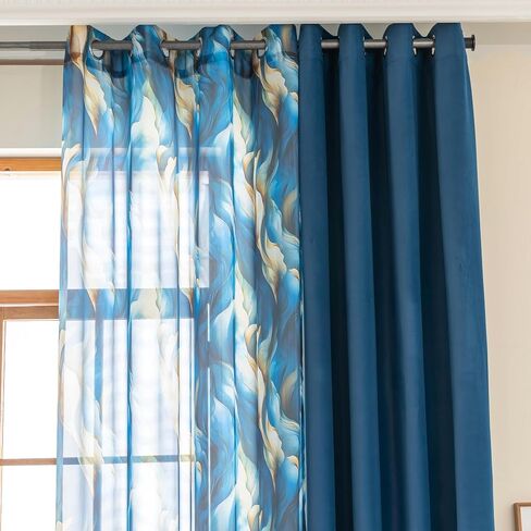 Mix Curtains - 2 Pieces Ocean Print Sheer Curtains and 2 Pieces Velvet Blackout Curtains for Bedroom Living Room Grommet Window Drapes, 52x84 Inch,Blue,Set of 4 Panels in Saudi Arabia