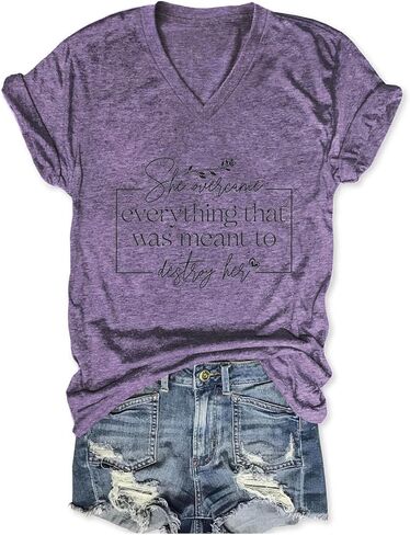 Inspirational Tees for Women She Overcame Everything That was Meant to Destroy Her Graphic T Shirts V Neck Tops in Kuwait