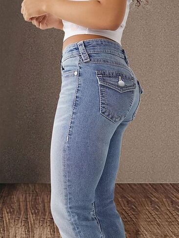 جينز Flamingals Bootcut للنساء قابل للتمدد متوسط ​​الارتفاع بزر مزدوج مغسول سادة 90s جينز بأرجل مستقيمة أزرق فاتح XL in Kuwait