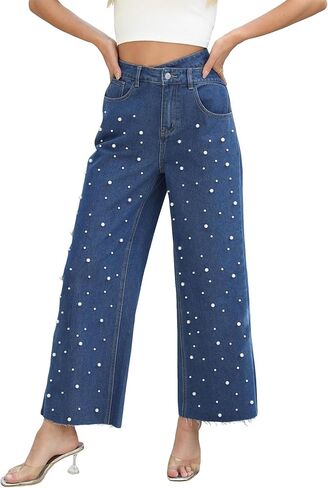 Women's High Waisted Wide Straight Leg Jeans Boyfriend Baggy Trendy Pearl Denim Pants Trousers in Saudi Arabia