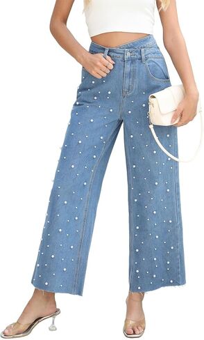Women's High Waisted Wide Straight Leg Jeans Boyfriend Baggy Trendy Pearl Denim Pants Trousers in Saudi Arabia