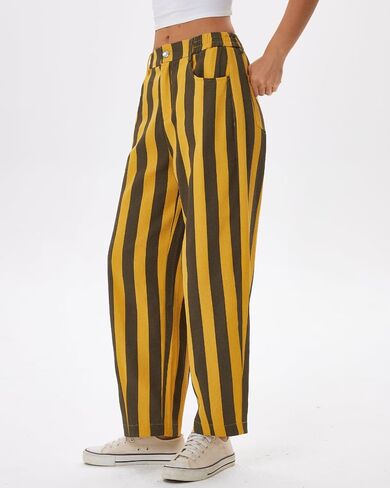YEXPINE Women Striped Barrel Jeans Elastic Waist Baggy Wide Leg Cropped Ankle Boyfriend Y2K Casual Denim Ankle Pants in Kuwait