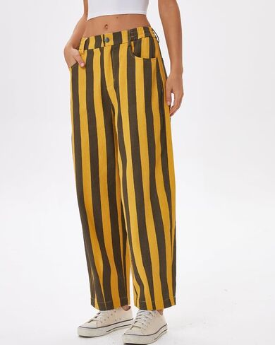 YEXPINE Women Striped Barrel Jeans Elastic Waist Baggy Wide Leg Cropped Ankle Boyfriend Y2K Casual Denim Ankle Pants in Kuwait