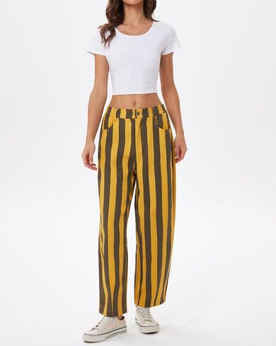 YEXPINE Women Striped Barrel Jeans Elastic Waist Baggy Wide Leg Cropped Ankle Boyfriend Y2K Casual Denim Ankle Pants in Kuwait