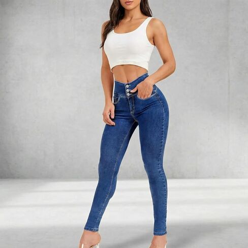 Womens Skinny Jeans High Rise Stretch Slim Fit Denim Pants Button Front Comfort Casual Jeans in Kuwait