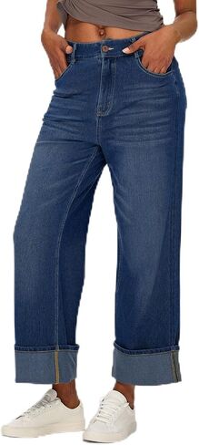 Fanica Womens High Waisted Wide Leg Jeans - Trendy Stretchy Cropped Straight Baggy Denim Pants with Cuffed Hem in Saudi Arabia
