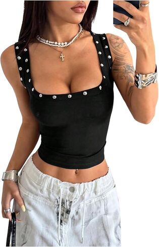 BEAUDRM Women's Rivet Studded Tank Top Y2k Ruched Square Neck Sleeveless Fitted Crop Tops in Saudi Arabia