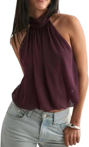 Chiffon Halter Tops for Women Open Back Mock Neck Tank Tops Y2k Sleeveless Bubble Hem Going Out Crop Tops in Saudi Arabia