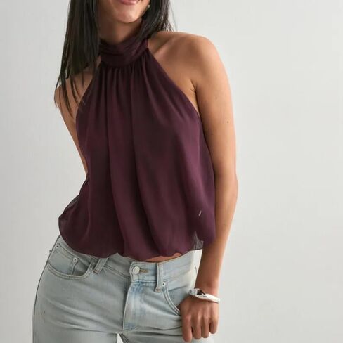 Chiffon Halter Tops for Women Open Back Mock Neck Tank Tops Y2k Sleeveless Bubble Hem Going Out Crop Tops in Saudi Arabia