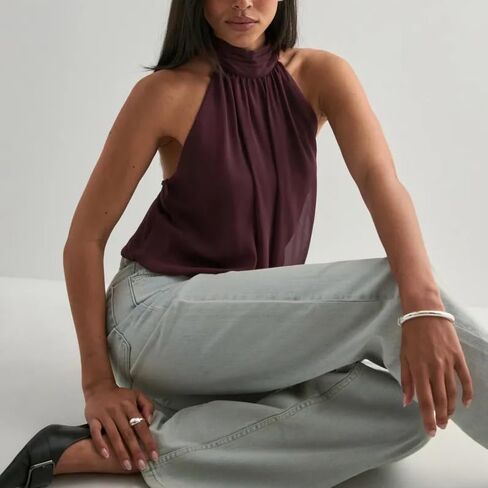 Chiffon Halter Tops for Women Open Back Mock Neck Tank Tops Y2k Sleeveless Bubble Hem Going Out Crop Tops in Saudi Arabia