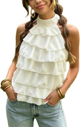 Chiffon Halter Tops for Women Open Back Mock Neck Tank Tops Y2k Sleeveless Bubble Hem Going Out Crop Tops in Saudi Arabia