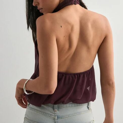 Chiffon Halter Tops for Women Open Back Mock Neck Tank Tops Y2k Sleeveless Bubble Hem Going Out Crop Tops in Saudi Arabia