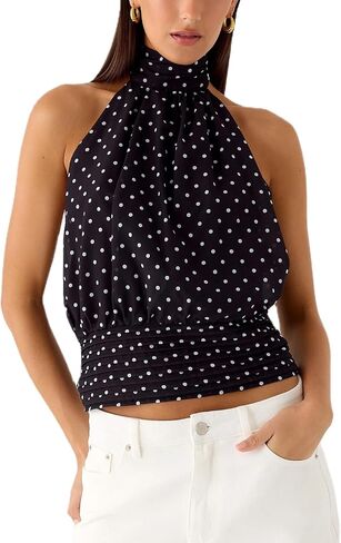 Chiffon Halter Tops for Women Open Back Mock Neck Tank Tops Y2k Sleeveless Bubble Hem Going Out Crop Tops in Saudi Arabia