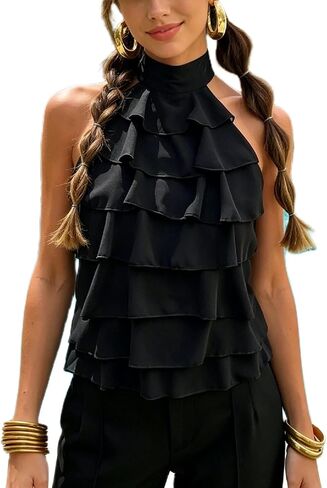 Chiffon Halter Tops for Women Open Back Mock Neck Tank Tops Y2k Sleeveless Bubble Hem Going Out Crop Tops in Saudi Arabia