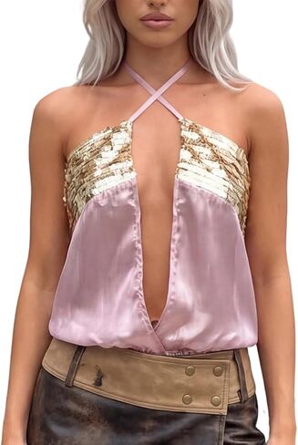 Women Satin Halter Top Spaghetti Strap Criss Cross Tank Top Sexy Backless Tie Up Cami Summer Going Out Streetwear in Saudi Arabia